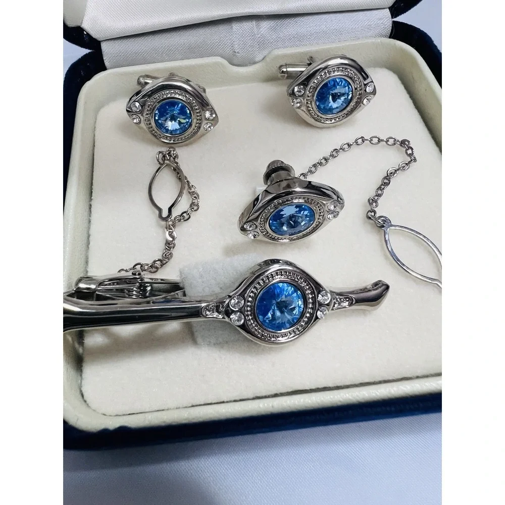 Vintage Fratello Cufflinks & Tie Bar Set Silver Tone Blue Accent Classic Elegant